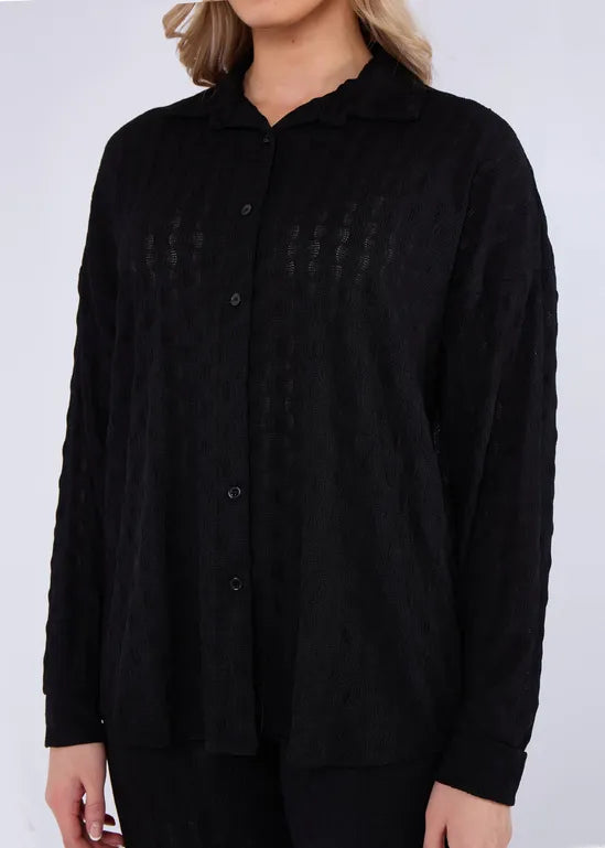 Black Textured Oversized Long Sleeves Shirt