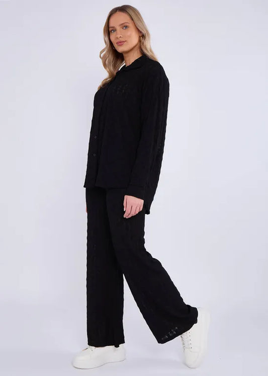 Black Textured Oversized Long Sleeves Shirt