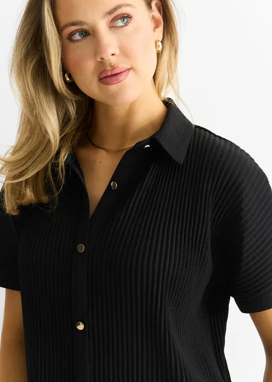 Black Plisse Short Sleeve Oversized Shirt