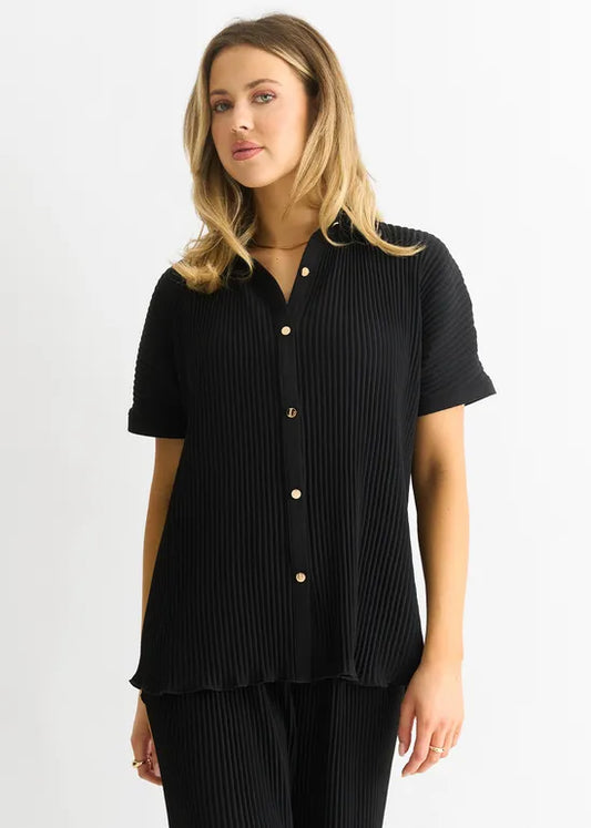 Black Plisse Short Sleeve Oversized Shirt