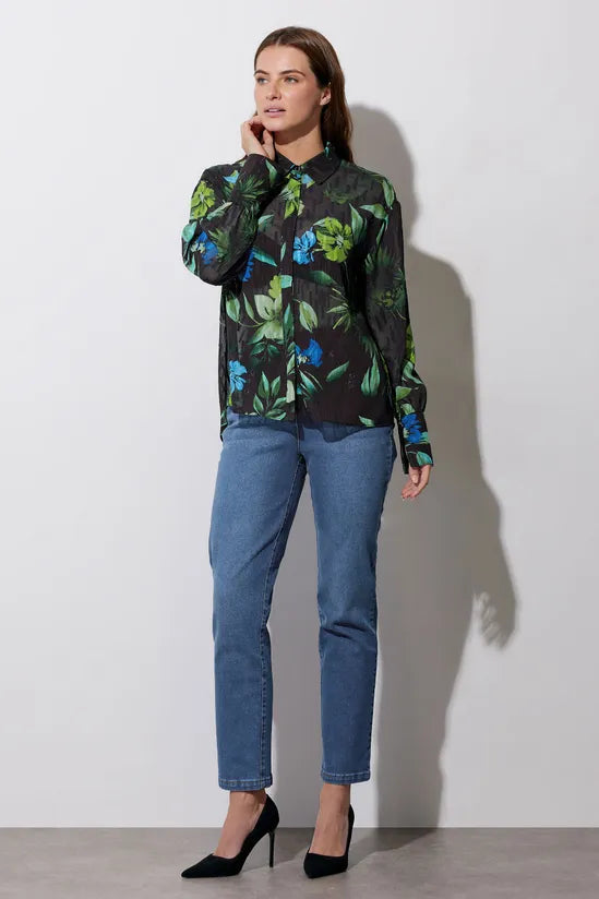 Gem Button Floral Print Shirt