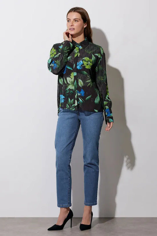Gem Button Floral Print Shirt