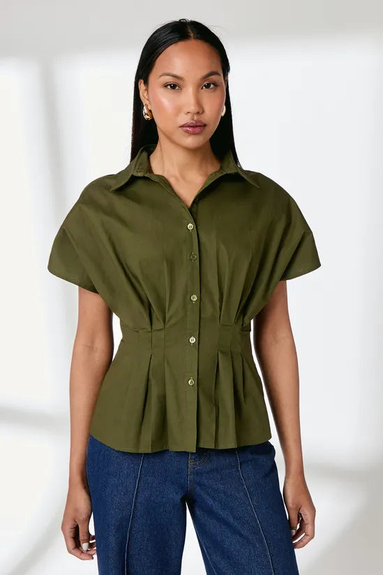 Collared Pleat Detail Short Sleeve Shirt