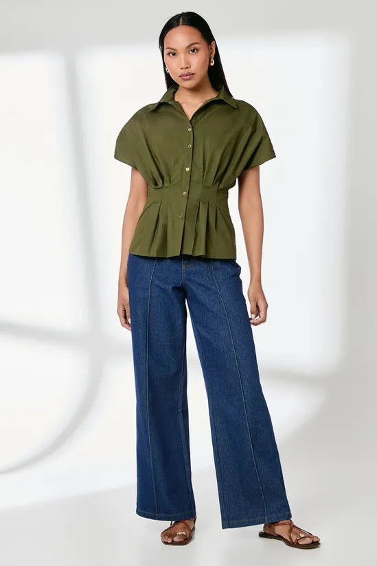 Collared Pleat Detail Short Sleeve Shirt